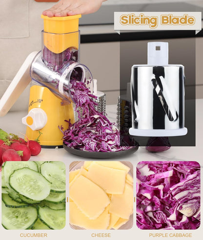 Rotary Cheese Grater Hand Crank, Kitchen Shredder Speed Mandolin Slicer Nut Grinder with Handle and Drum Blades for Cheese, Vegetable, Walnut, Chocolate, Potato, Carrot, 3 Blades, Yellow