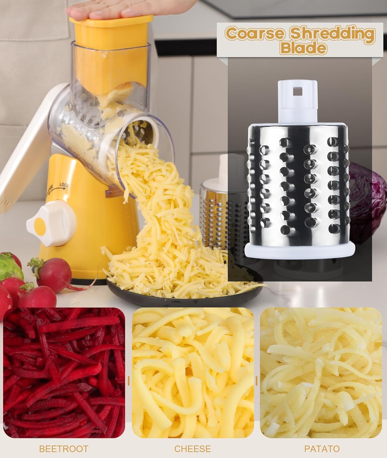 Rotary Cheese Grater Hand Crank, Kitchen Shredder Speed Mandolin Slicer Nut Grinder with Handle and Drum Blades for Cheese, Vegetable, Walnut, Chocolate, Potato, Carrot, 3 Blades, Yellow