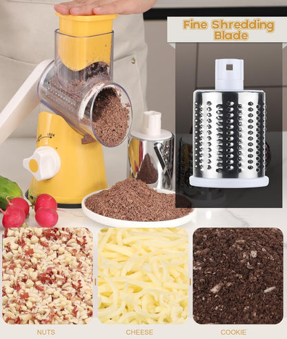 Rotary Cheese Grater Hand Crank, Kitchen Shredder Speed Mandolin Slicer Nut Grinder with Handle and Drum Blades for Cheese, Vegetable, Walnut, Chocolate, Potato, Carrot, 3 Blades, Yellow