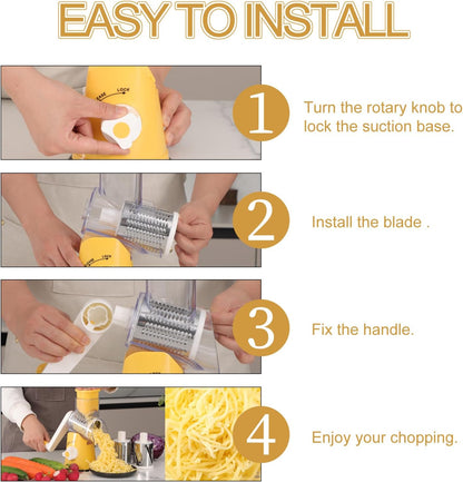 Rotary Cheese Grater Hand Crank, Kitchen Shredder Speed Mandolin Slicer Nut Grinder with Handle and Drum Blades for Cheese, Vegetable, Walnut, Chocolate, Potato, Carrot, 3 Blades, Yellow