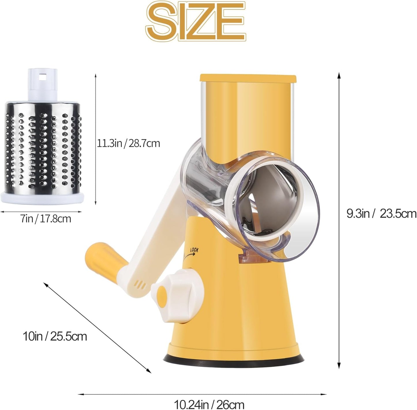 Rotary Cheese Grater Hand Crank, Kitchen Shredder Speed Mandolin Slicer Nut Grinder with Handle and Drum Blades for Cheese, Vegetable, Walnut, Chocolate, Potato, Carrot, 3 Blades, Yellow