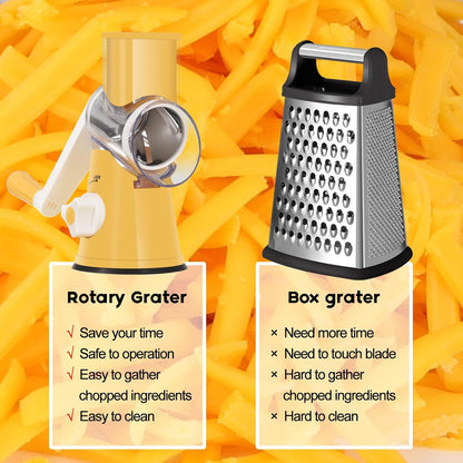 Rotary Cheese Grater Hand Crank, Kitchen Shredder Speed Mandolin Slicer Nut Grinder with Handle and Drum Blades for Cheese, Vegetable, Walnut, Chocolate, Potato, Carrot, 3 Blades, Yellow