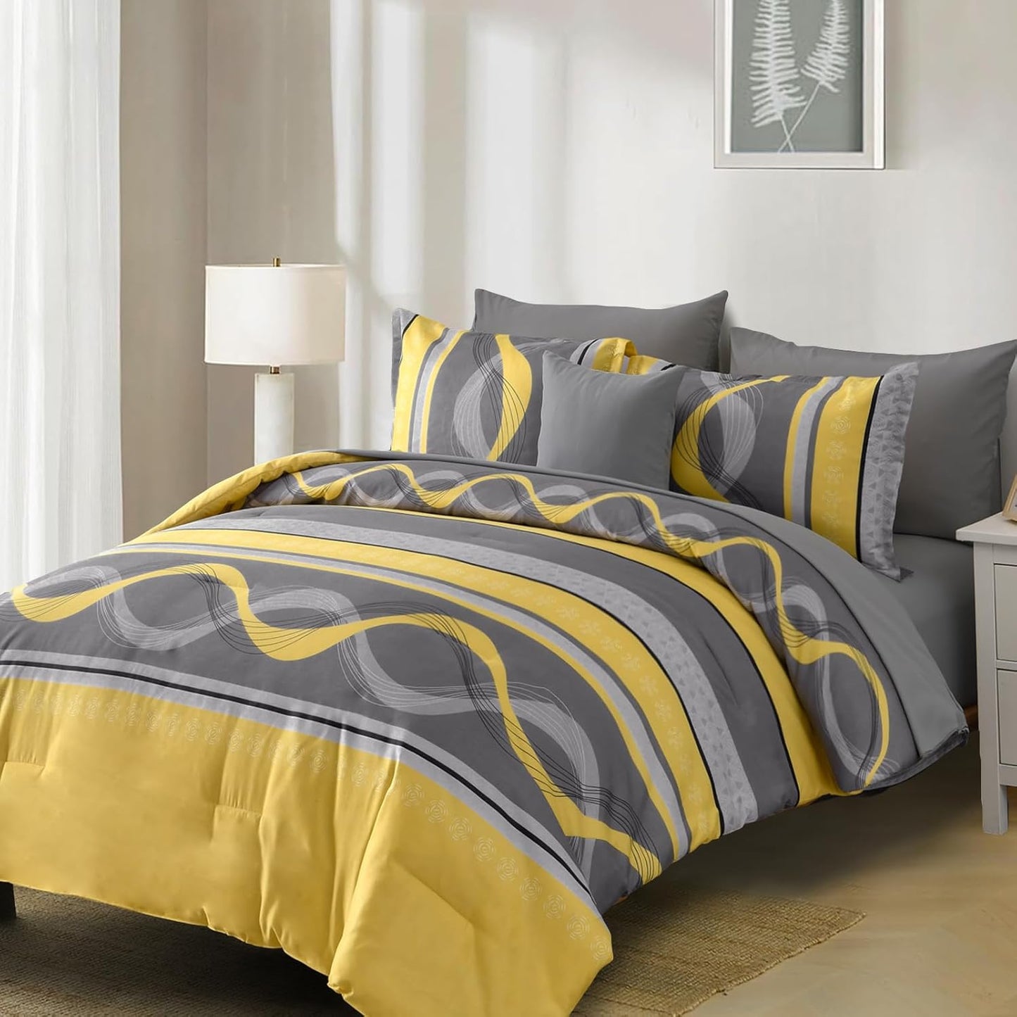 Yellow Comforter Set Queen Size,8 Pieces Bed in a Bag Patchwork Striped Bedding Sets,Boho Soft Microfiber Bedding Set for All Season(90"×90")