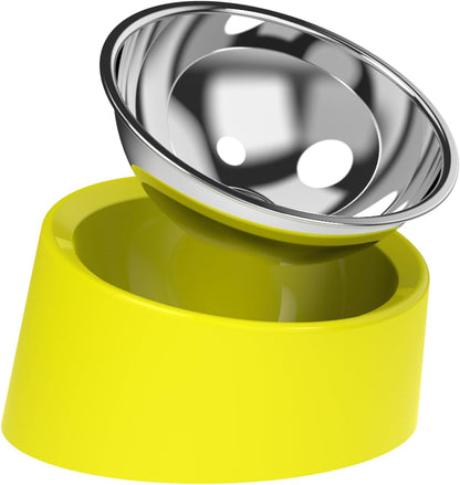 Slanted Dog Bowl Slow Feeder, 15° Tilted Elevated Raised Food Water Dish, Anti-Choke Anti-Gulping for Cats Dogs, Non-Spill Weighted Base, for Medium Dogs Standard Pets, Yellow