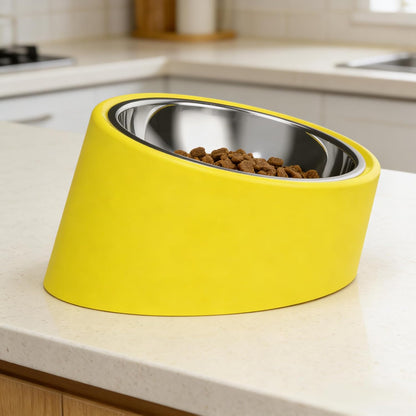 Slanted Dog Bowl Slow Feeder, 15° Tilted Elevated Raised Food Water Dish, Anti-Choke Anti-Gulping for Cats Dogs, Non-Spill Weighted Base, for Medium Dogs Standard Pets, Yellow