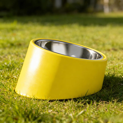 Slanted Dog Bowl Slow Feeder, 15° Tilted Elevated Raised Food Water Dish, Anti-Choke Anti-Gulping for Cats Dogs, Non-Spill Weighted Base, for Medium Dogs Standard Pets, Yellow