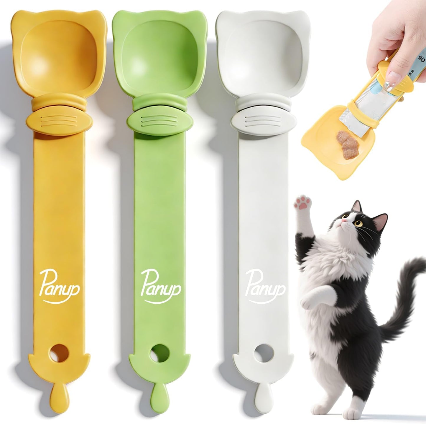 Cat Strip Feeder - 3 Colors Cat Stripe Squeeze Spoon, Treat Feeding Wet Spoons, Cat Food Treat Spoon Dispenser for Pet, White, Green, Yellow