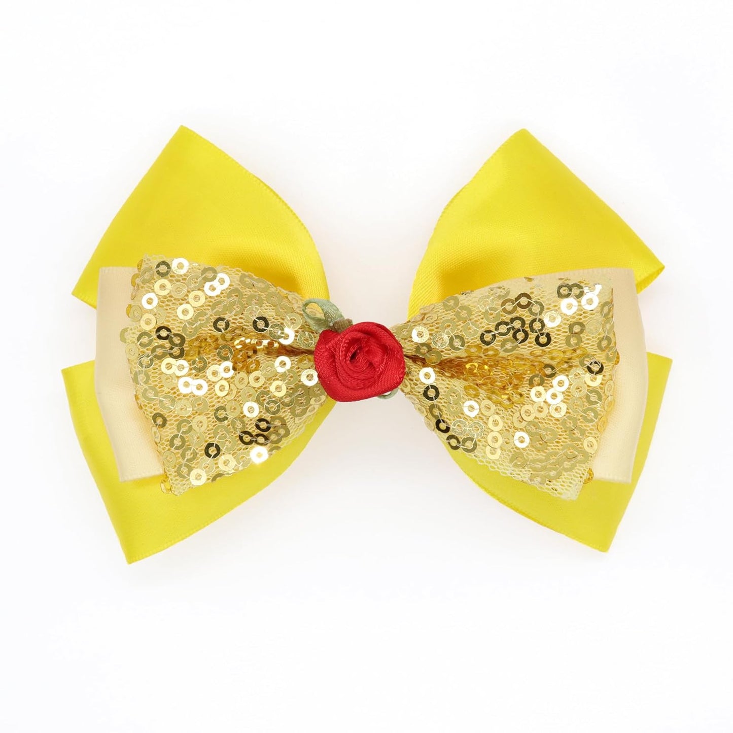 Bow Hair Clip Women & Girls – Yellow Layered Ribbon Bow with Rose Princess Hair Accessory for Theme Parks, Birthdays Parties and Halloween