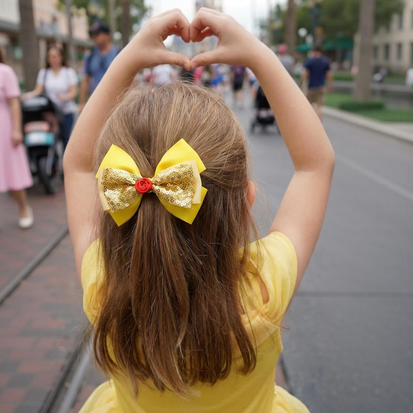 Bow Hair Clip Women & Girls – Yellow Layered Ribbon Bow with Rose Princess Hair Accessory for Theme Parks, Birthdays Parties and Halloween