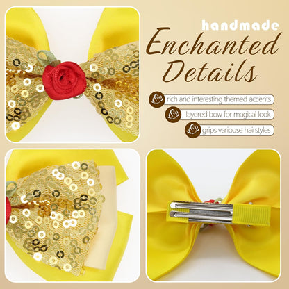 Bow Hair Clip Women & Girls – Yellow Layered Ribbon Bow with Rose Princess Hair Accessory for Theme Parks, Birthdays Parties and Halloween