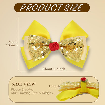 Bow Hair Clip Women & Girls – Yellow Layered Ribbon Bow with Rose Princess Hair Accessory for Theme Parks, Birthdays Parties and Halloween