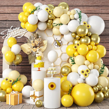 Yellow Balloon Garland Arch, 115 PCS Yellow White Balloon Arch Kit with Gold White Latex Balloon for Lemon Boho Sunshine Daisy Honeybee Theme Birthday Baby Shower Party Decoration