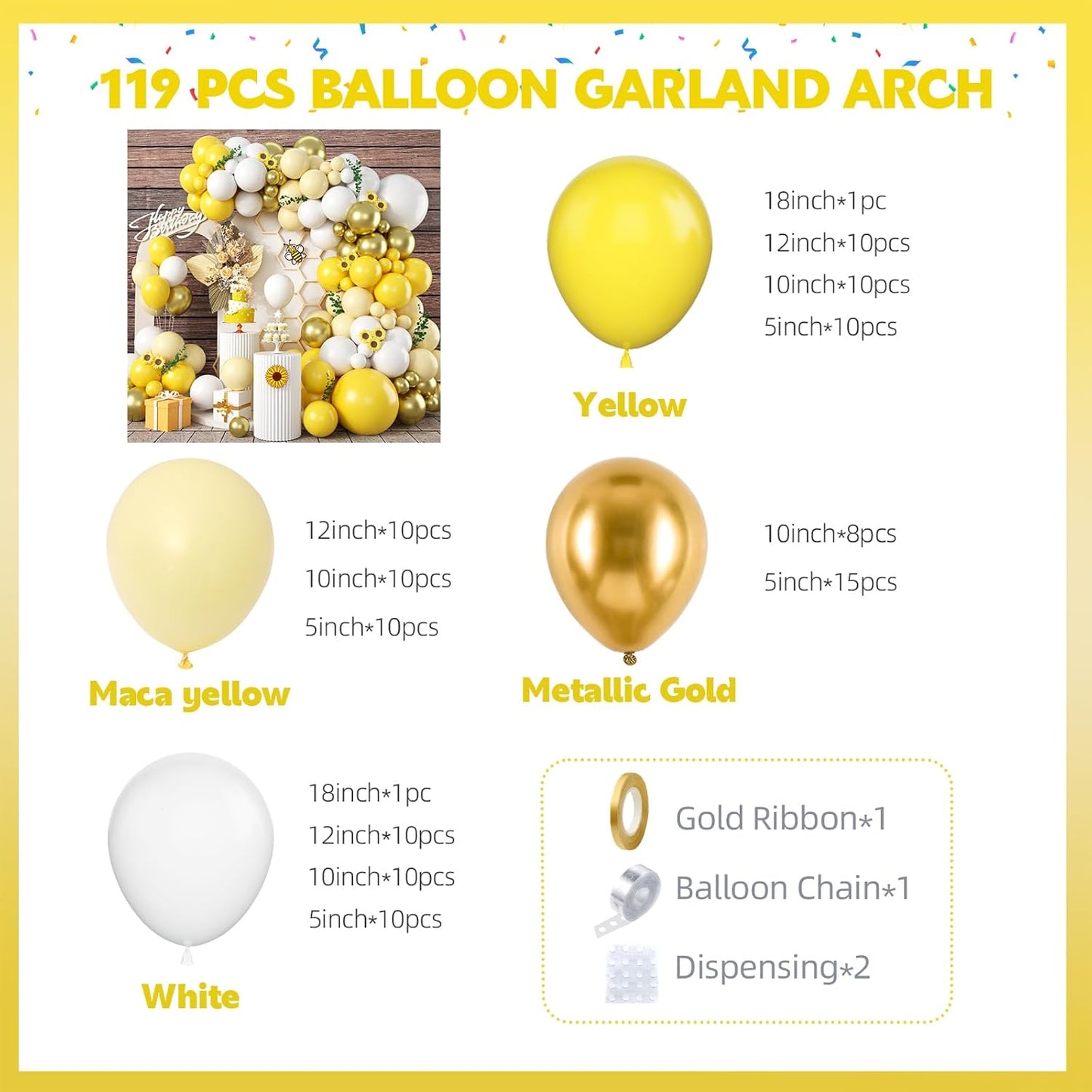 Yellow Balloon Garland Arch, 115 PCS Yellow White Balloon Arch Kit with Gold White Latex Balloon for Lemon Boho Sunshine Daisy Honeybee Theme Birthday Baby Shower Party Decoration