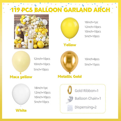 Yellow Balloon Garland Arch, 115 PCS Yellow White Balloon Arch Kit with Gold White Latex Balloon for Lemon Boho Sunshine Daisy Honeybee Theme Birthday Baby Shower Party Decoration