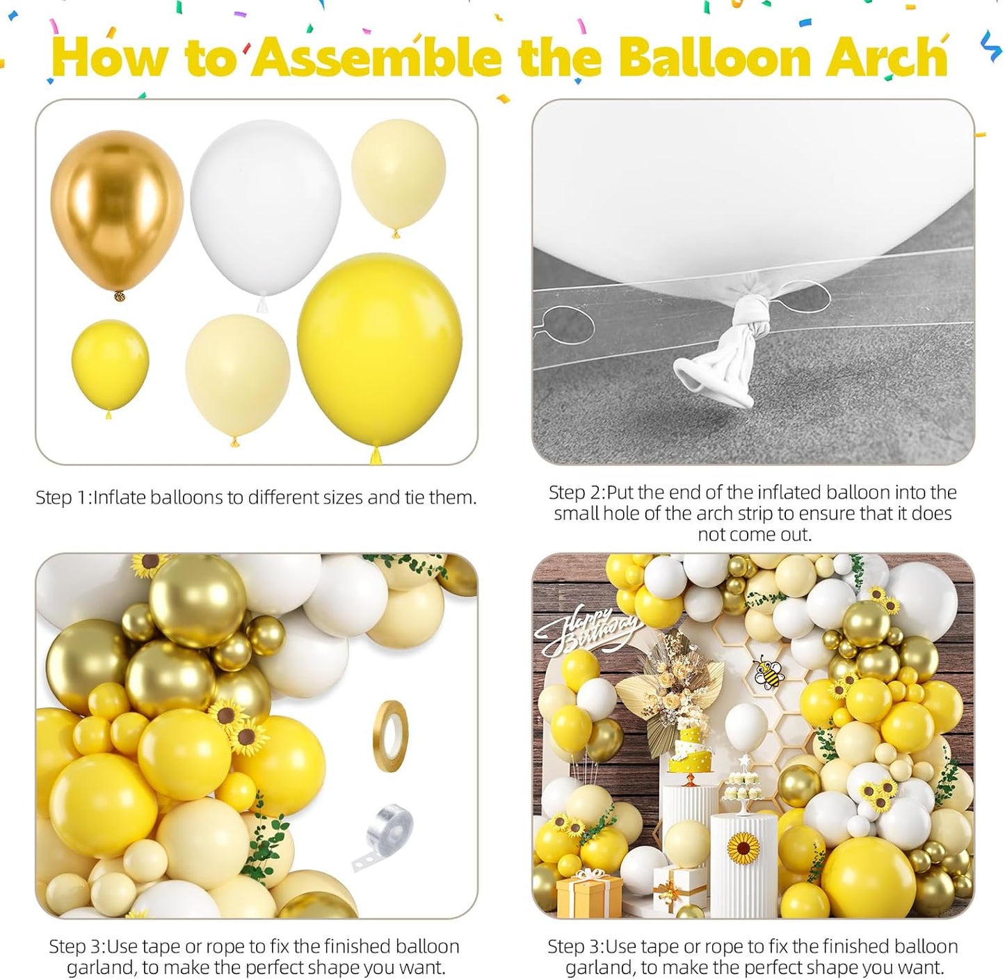 Yellow Balloon Garland Arch, 115 PCS Yellow White Balloon Arch Kit with Gold White Latex Balloon for Lemon Boho Sunshine Daisy Honeybee Theme Birthday Baby Shower Party Decoration