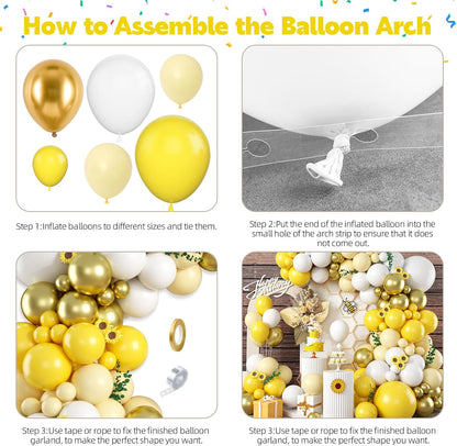 Yellow Balloon Garland Arch, 115 PCS Yellow White Balloon Arch Kit with Gold White Latex Balloon for Lemon Boho Sunshine Daisy Honeybee Theme Birthday Baby Shower Party Decoration