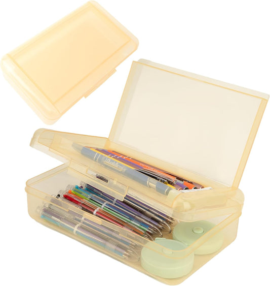Pencil Case Box, Yellow Double Layer Large Capacity Plastic Pencil Boxs, Clear Hard Pen Case with Snap-tight Lid,Storage Art Craft Box Marker Organizer for Kids Boys Girls Offices School Supplies