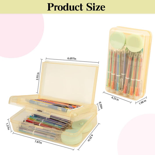 Pencil Case Box, Yellow Double Layer Large Capacity Plastic Pencil Boxs, Clear Hard Pen Case with Snap-tight Lid,Storage Art Craft Box Marker Organizer for Kids Boys Girls Offices School Supplies