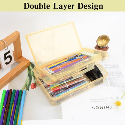 Pencil Case Box, Yellow Double Layer Large Capacity Plastic Pencil Boxs, Clear Hard Pen Case with Snap-tight Lid,Storage Art Craft Box Marker Organizer for Kids Boys Girls Offices School Supplies