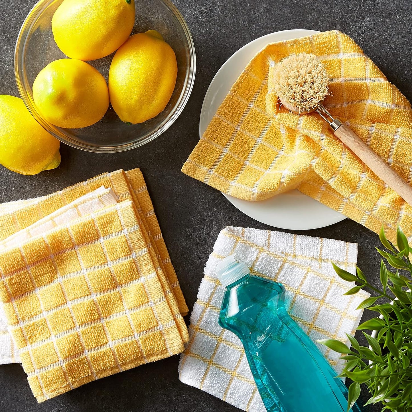 Basic Terry Collection Windowpane Dishcloth Set, 12x12, Yellow, 6 Piece