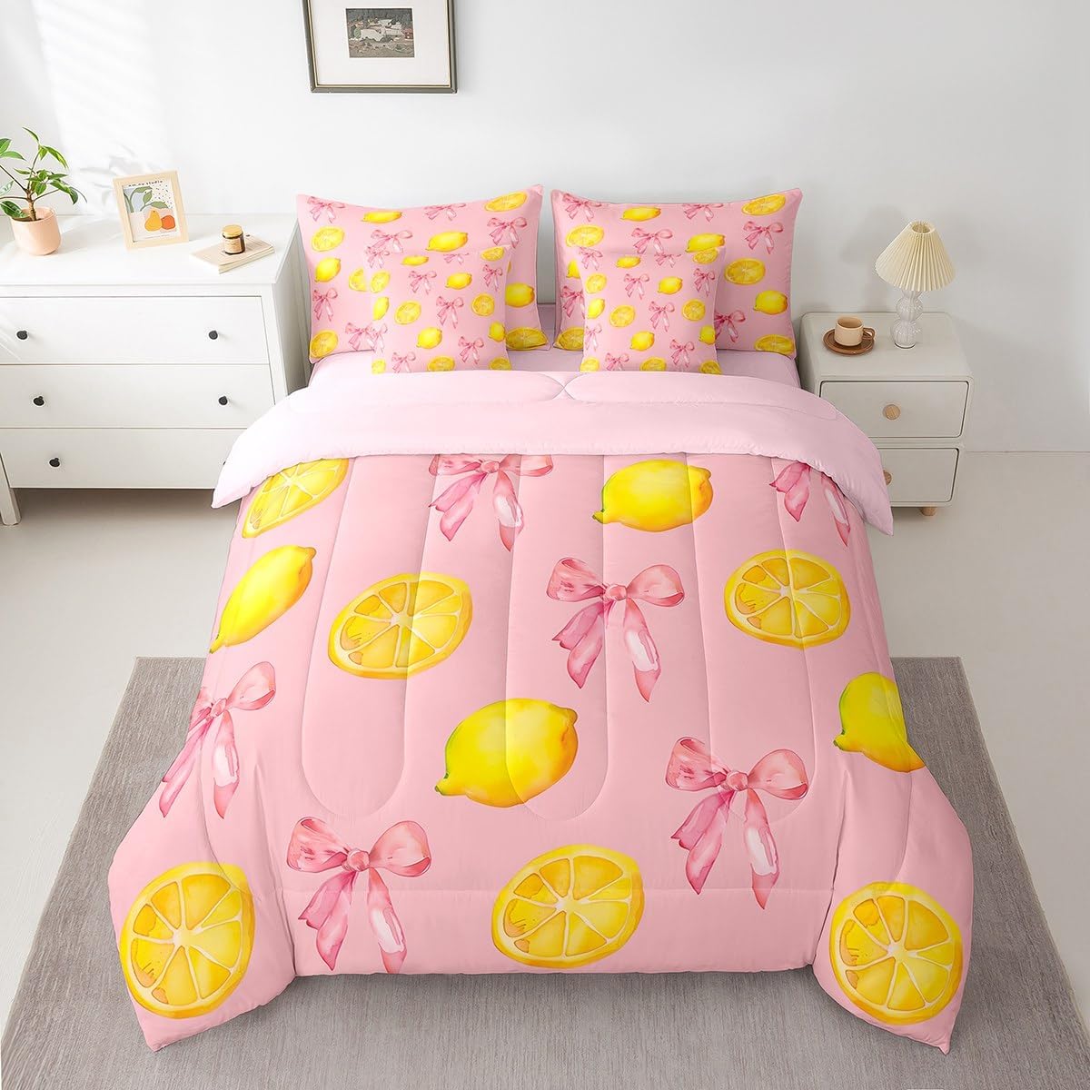 Pink Bow Kids Comforter Set with Sheets,Boys Girls Full Size,Large Lemon 7 Piece Bedding Set,Cute Coquette Bow Knot Ultra Soft Bed in a Bag,Lemon Pattern All Season Bedroom Decor,Pink Yellow
