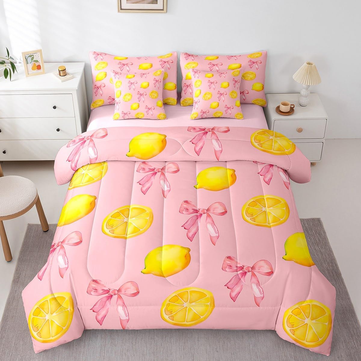 Pink Bow Kids Comforter Set with Sheets,Boys Girls Full Size,Large Lemon 7 Piece Bedding Set,Cute Coquette Bow Knot Ultra Soft Bed in a Bag,Lemon Pattern All Season Bedroom Decor,Pink Yellow