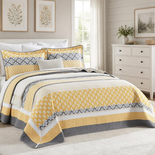 100% Cotton XL California King Bedspread Set - 128"x120" Yellow Stripe Quilt with Botanical Pattern, 3 Pieces Farmhouse Bedspread Coverlet, Soft Lightweight Comforter Bedding Set, Yellow/Gray/White