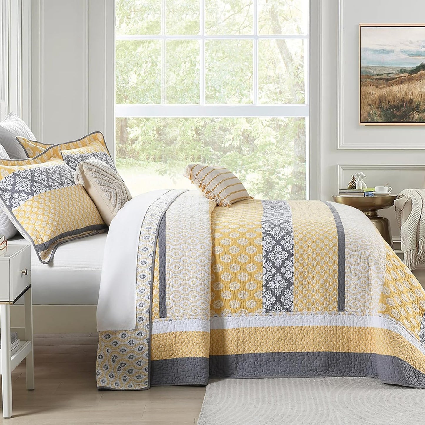 100% Cotton XL California King Bedspread Set - 128"x120" Yellow Stripe Quilt with Botanical Pattern, 3 Pieces Farmhouse Bedspread Coverlet, Soft Lightweight Comforter Bedding Set, Yellow/Gray/White