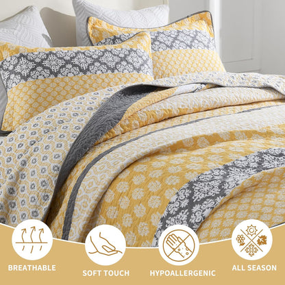 100% Cotton XL California King Bedspread Set - 128"x120" Yellow Stripe Quilt with Botanical Pattern, 3 Pieces Farmhouse Bedspread Coverlet, Soft Lightweight Comforter Bedding Set, Yellow/Gray/White