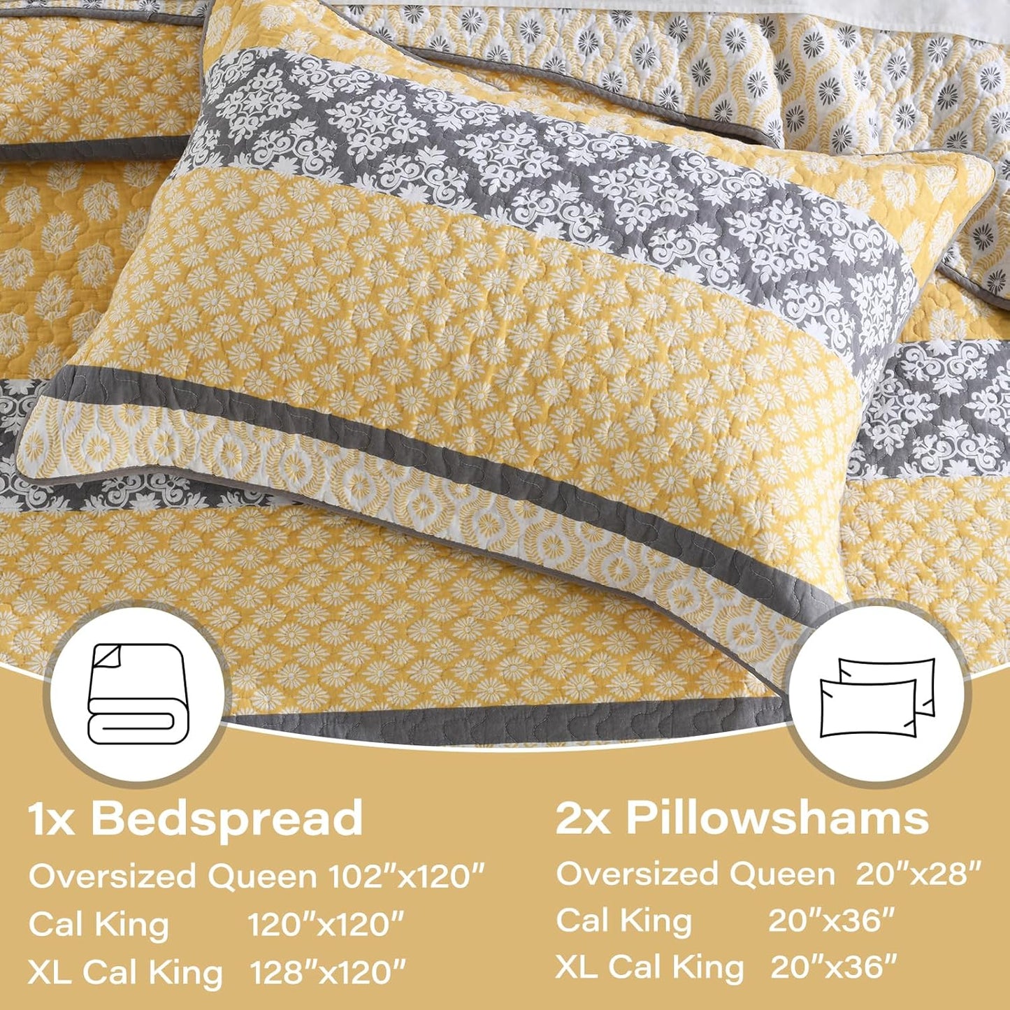 100% Cotton XL California King Bedspread Set - 128"x120" Yellow Stripe Quilt with Botanical Pattern, 3 Pieces Farmhouse Bedspread Coverlet, Soft Lightweight Comforter Bedding Set, Yellow/Gray/White