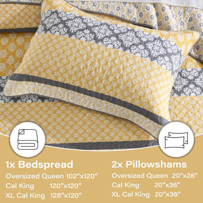 100% Cotton XL California King Bedspread Set - 128"x120" Yellow Stripe Quilt with Botanical Pattern, 3 Pieces Farmhouse Bedspread Coverlet, Soft Lightweight Comforter Bedding Set, Yellow/Gray/White