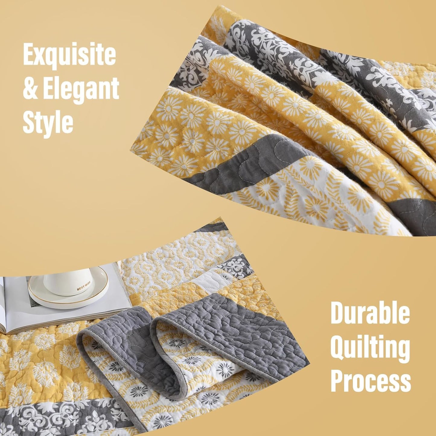 100% Cotton XL California King Bedspread Set - 128"x120" Yellow Stripe Quilt with Botanical Pattern, 3 Pieces Farmhouse Bedspread Coverlet, Soft Lightweight Comforter Bedding Set, Yellow/Gray/White