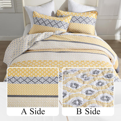 100% Cotton XL California King Bedspread Set - 128"x120" Yellow Stripe Quilt with Botanical Pattern, 3 Pieces Farmhouse Bedspread Coverlet, Soft Lightweight Comforter Bedding Set, Yellow/Gray/White