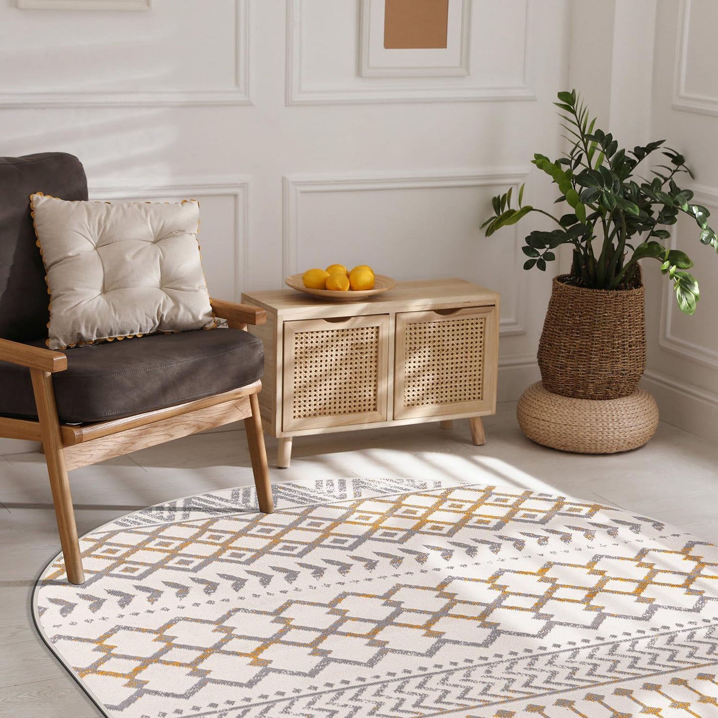 CAMILSON Boho Moroccan Yellow Oval Rug Geometric Diamond 5x7 Area Rugs for Living Room Bedroom Kitchen Modern Bohemian Soft Stain Resistant Non-Shedding Indoor Carpet (5 x 7 Yellow and Cream)