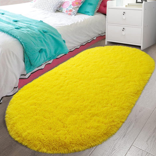 Bedroom Rug 2.6' x 5.3', Yellow Fluffy Shaggy Area Rug for Bedroom Bedside, Soft Oval Throw Rugs Carpet for Kids Girls Nursery Living Room Home Decor