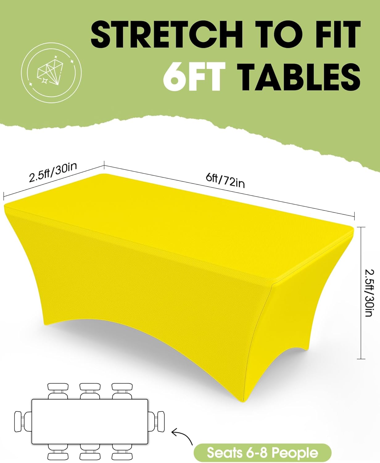 Spandex Tablecloth 6ft - 2 Pack, Fitted and Tight Cloth for Rectangle Table, Wrinkle-Free and Stretch Table Cover for Party, Wedding, Banquet and Birthday, Yellow