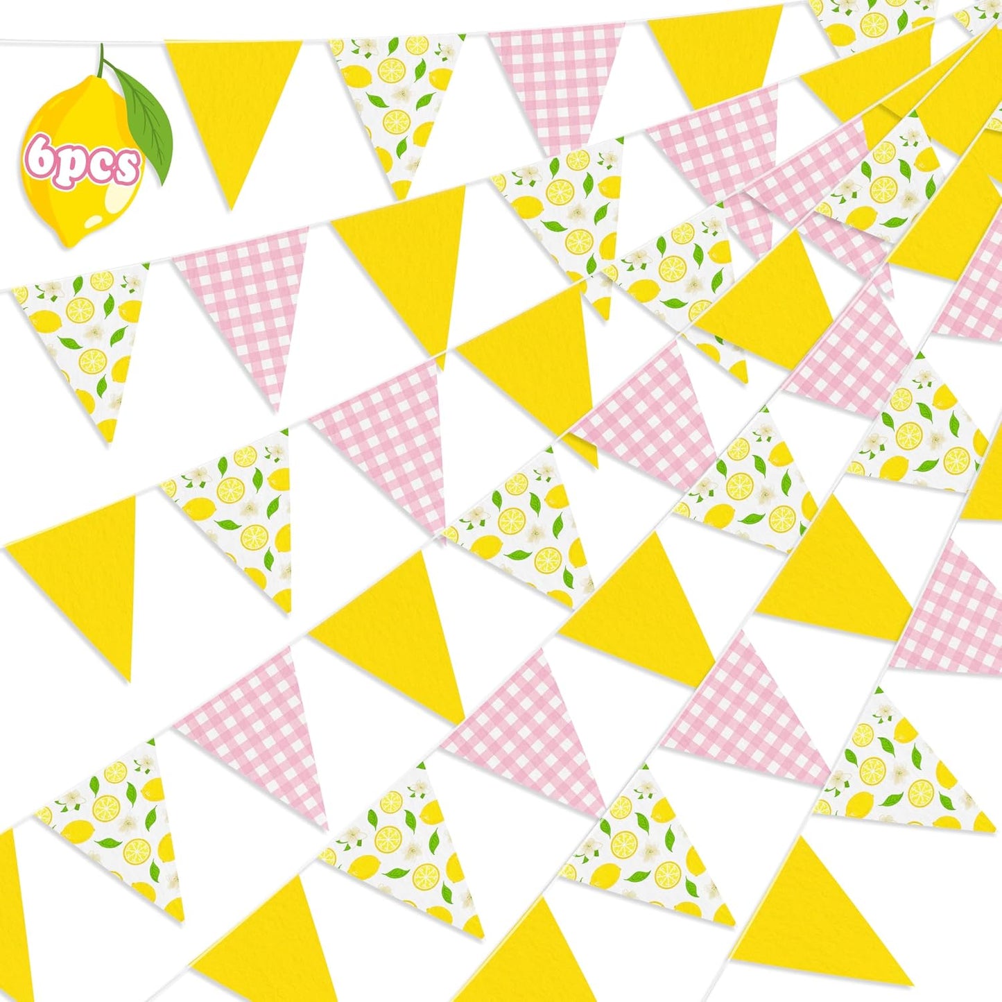6Pcs Lemon Party Decorations Pink and Yellow Pennant Banners | Triangle Flags Garland, Hanging Decor for Lemonade Stand,Fruit Party,Summer,Birthday,Baby Shower,Graduation