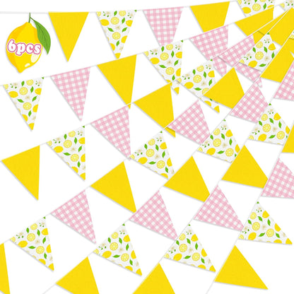 6Pcs Lemon Party Decorations Pink and Yellow Pennant Banners | Triangle Flags Garland, Hanging Decor for Lemonade Stand,Fruit Party,Summer,Birthday,Baby Shower,Graduation