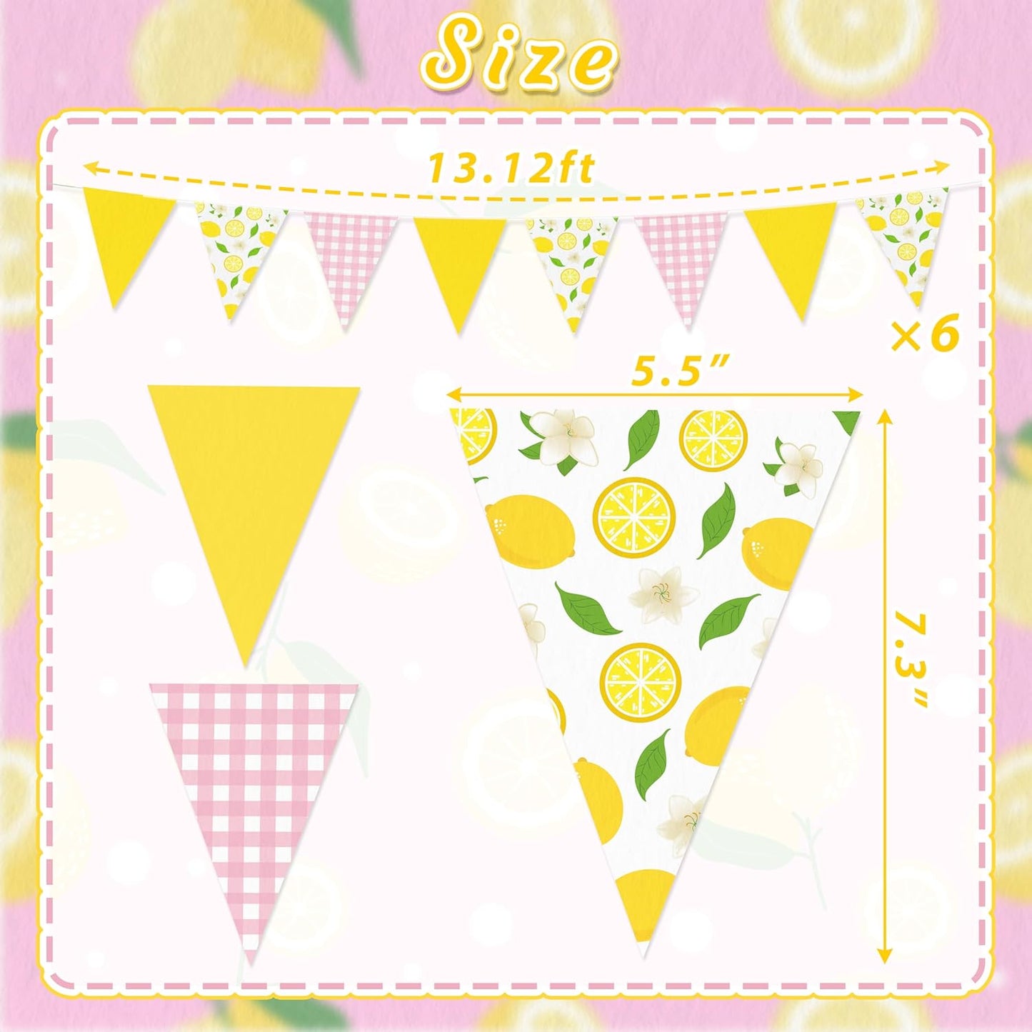 6Pcs Lemon Party Decorations Pink and Yellow Pennant Banners | Triangle Flags Garland, Hanging Decor for Lemonade Stand,Fruit Party,Summer,Birthday,Baby Shower,Graduation