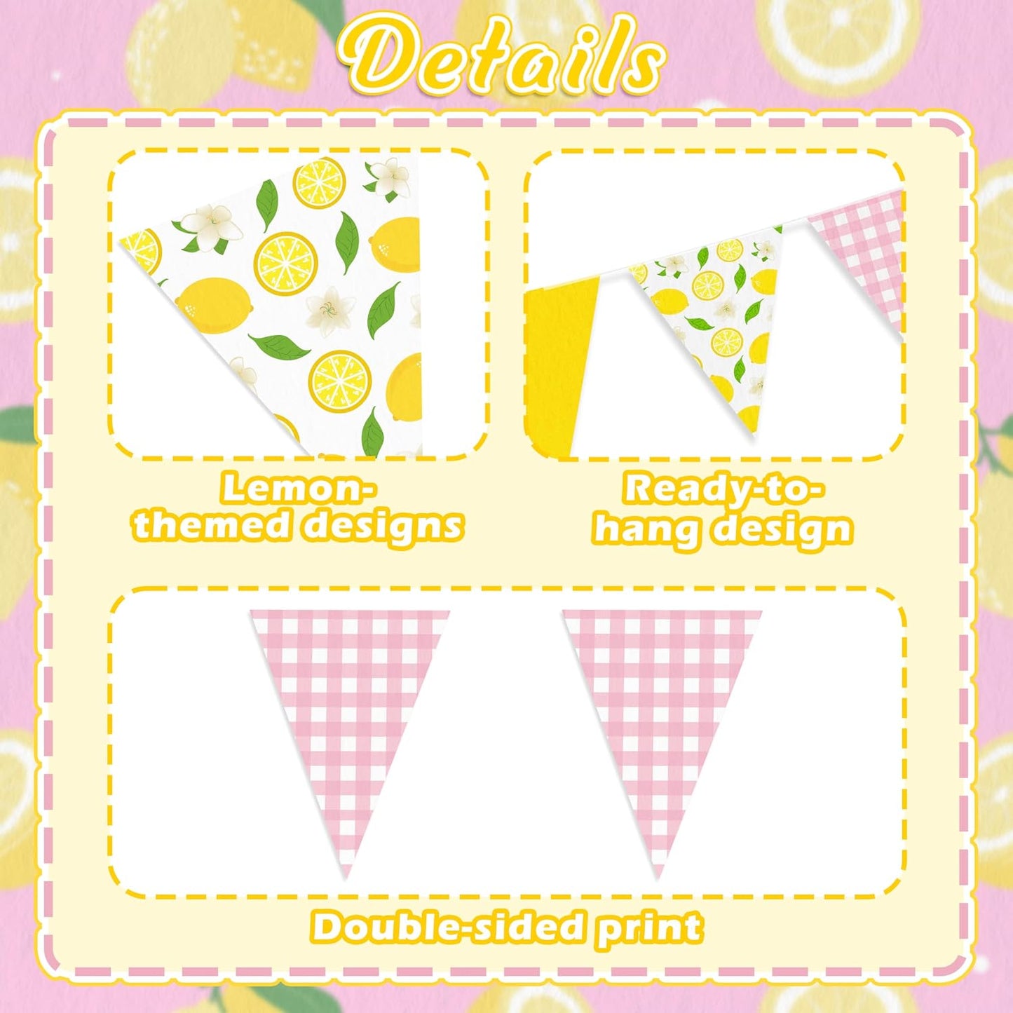 6Pcs Lemon Party Decorations Pink and Yellow Pennant Banners | Triangle Flags Garland, Hanging Decor for Lemonade Stand,Fruit Party,Summer,Birthday,Baby Shower,Graduation