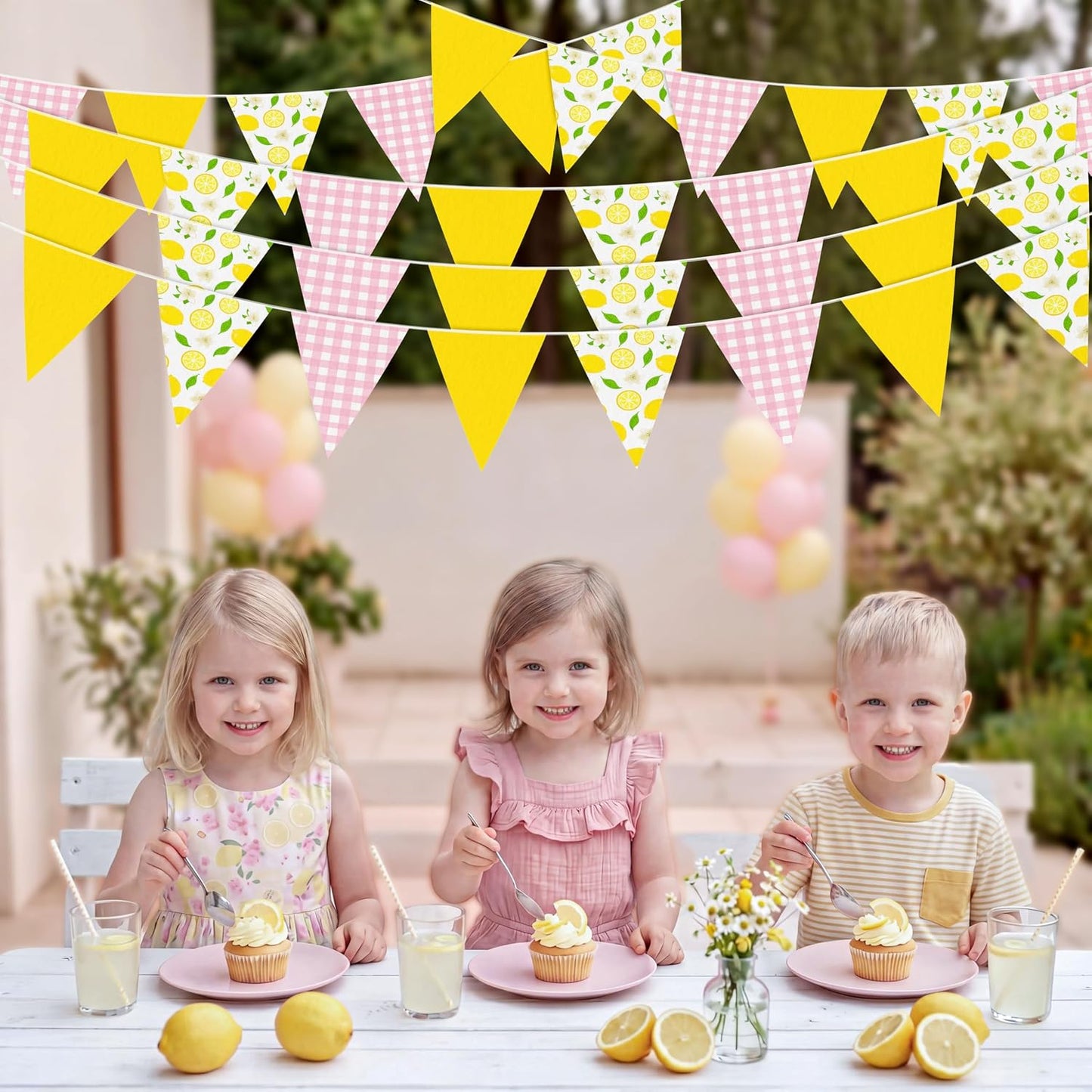 6Pcs Lemon Party Decorations Pink and Yellow Pennant Banners | Triangle Flags Garland, Hanging Decor for Lemonade Stand,Fruit Party,Summer,Birthday,Baby Shower,Graduation