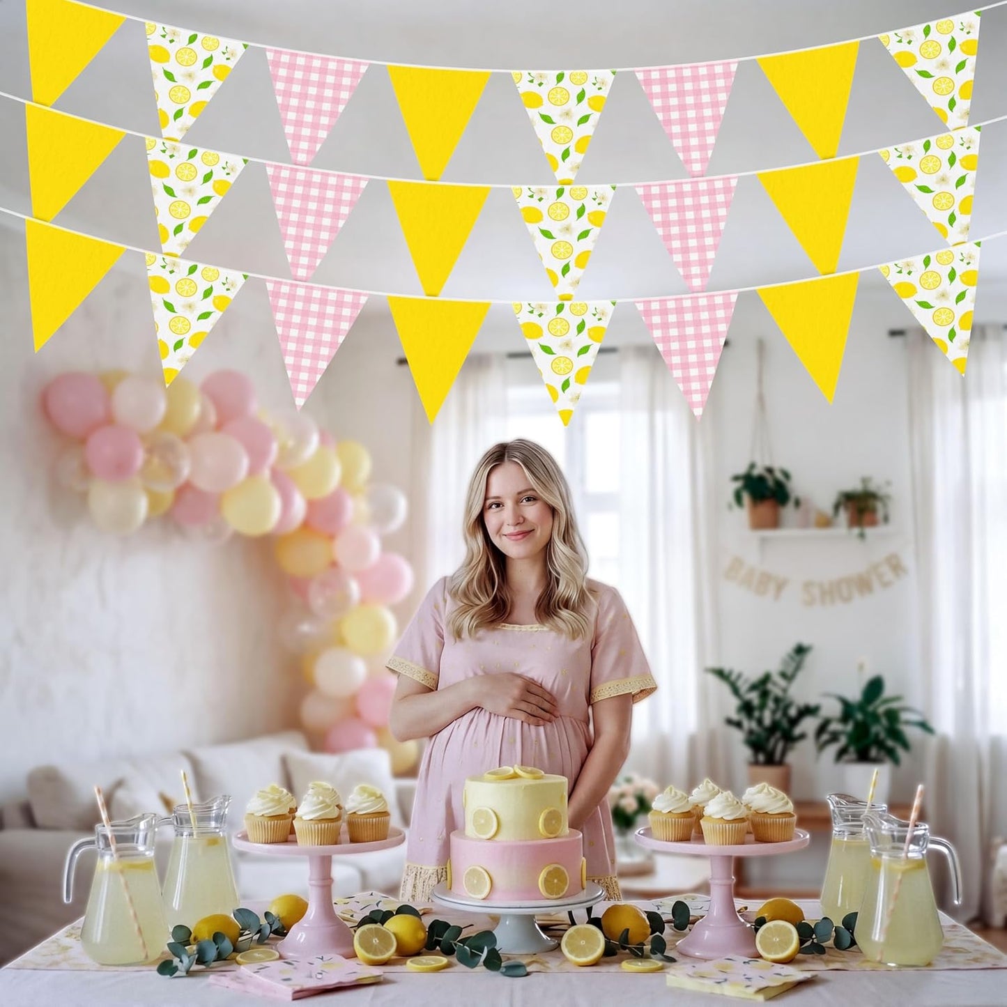 6Pcs Lemon Party Decorations Pink and Yellow Pennant Banners | Triangle Flags Garland, Hanging Decor for Lemonade Stand,Fruit Party,Summer,Birthday,Baby Shower,Graduation