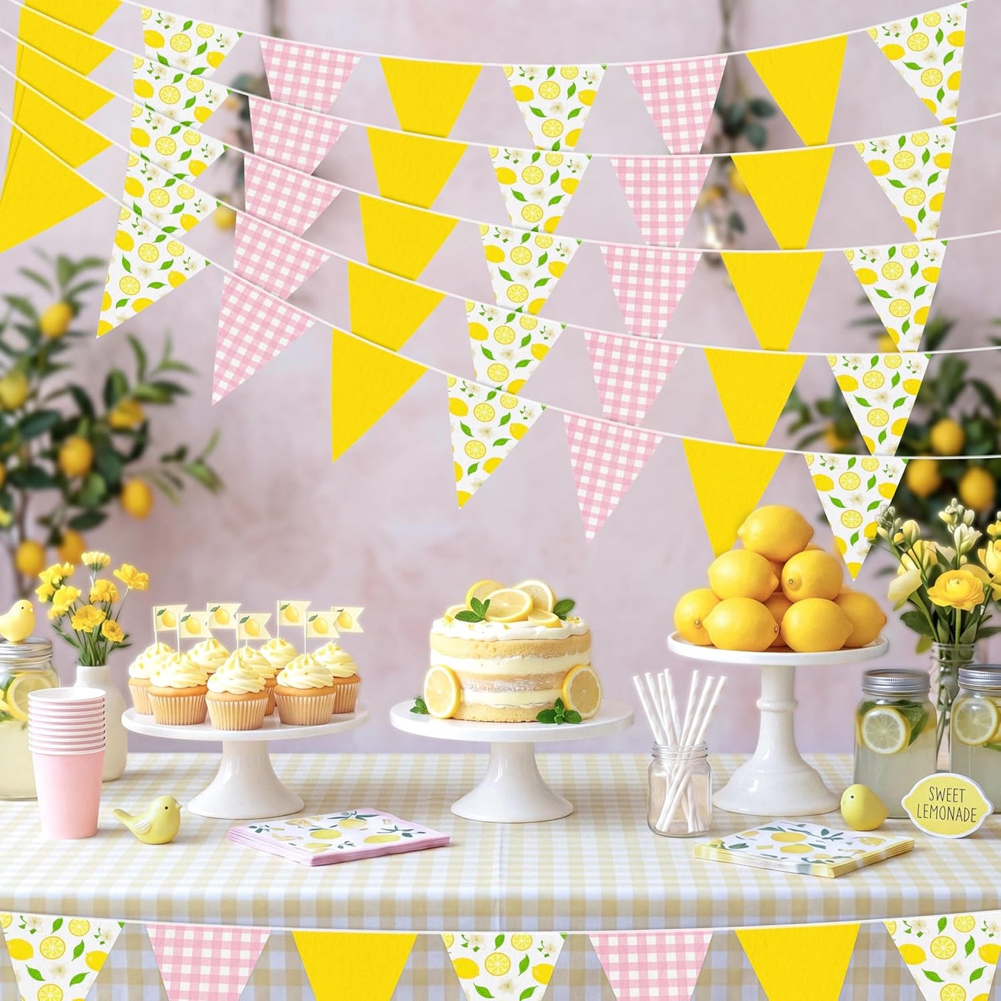 6Pcs Lemon Party Decorations Pink and Yellow Pennant Banners | Triangle Flags Garland, Hanging Decor for Lemonade Stand,Fruit Party,Summer,Birthday,Baby Shower,Graduation