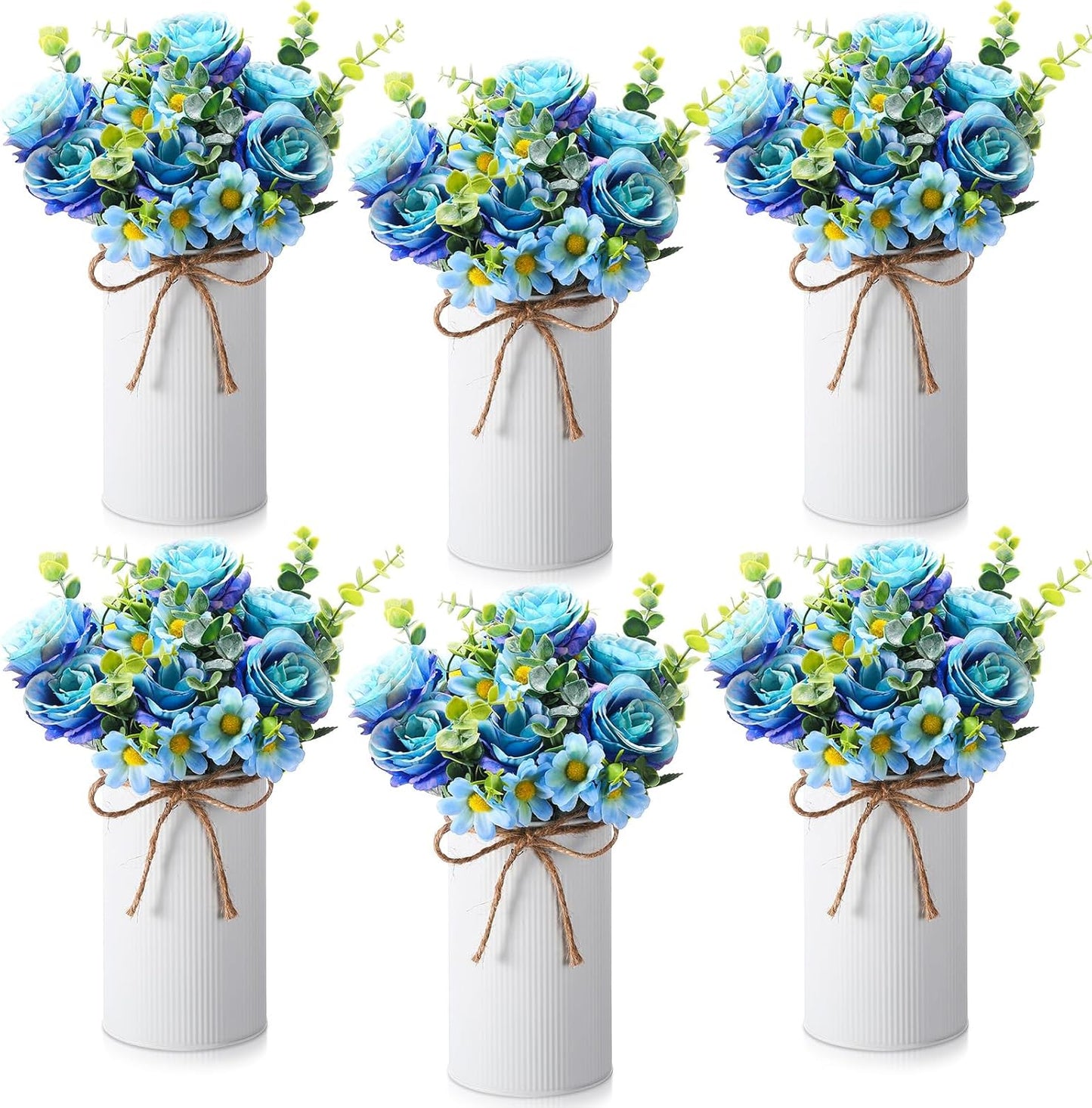 6 Sets Wedding Centerpiece for Table Decoration Yellow Artificial Fake Rose Flower with Metal Vase Faux Silk Rose Bouquet Floral Arrangement for Bridal Shower Home Dining