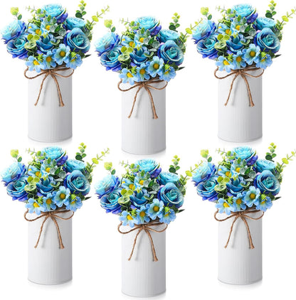 6 Sets Wedding Centerpiece for Table Decoration Yellow Artificial Fake Rose Flower with Metal Vase Faux Silk Rose Bouquet Floral Arrangement for Bridal Shower Home Dining