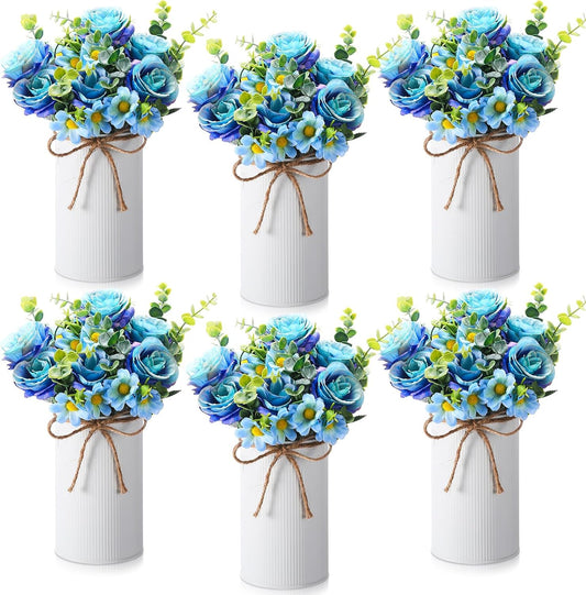 6 Sets Wedding Centerpiece for Table Decoration Yellow Artificial Fake Rose Flower with Metal Vase Faux Silk Rose Bouquet Floral Arrangement for Bridal Shower Home Dining