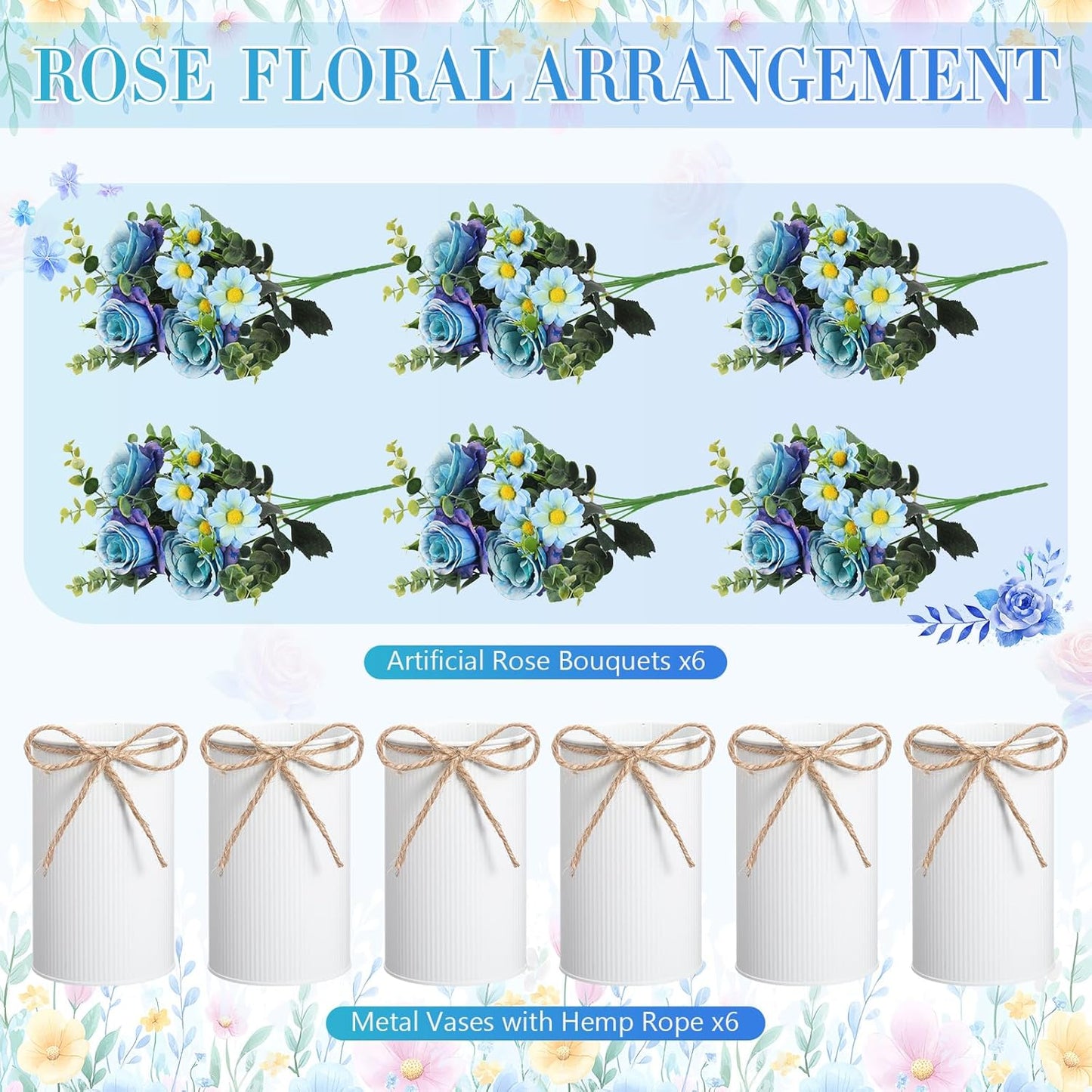 6 Sets Wedding Centerpiece for Table Decoration Yellow Artificial Fake Rose Flower with Metal Vase Faux Silk Rose Bouquet Floral Arrangement for Bridal Shower Home Dining