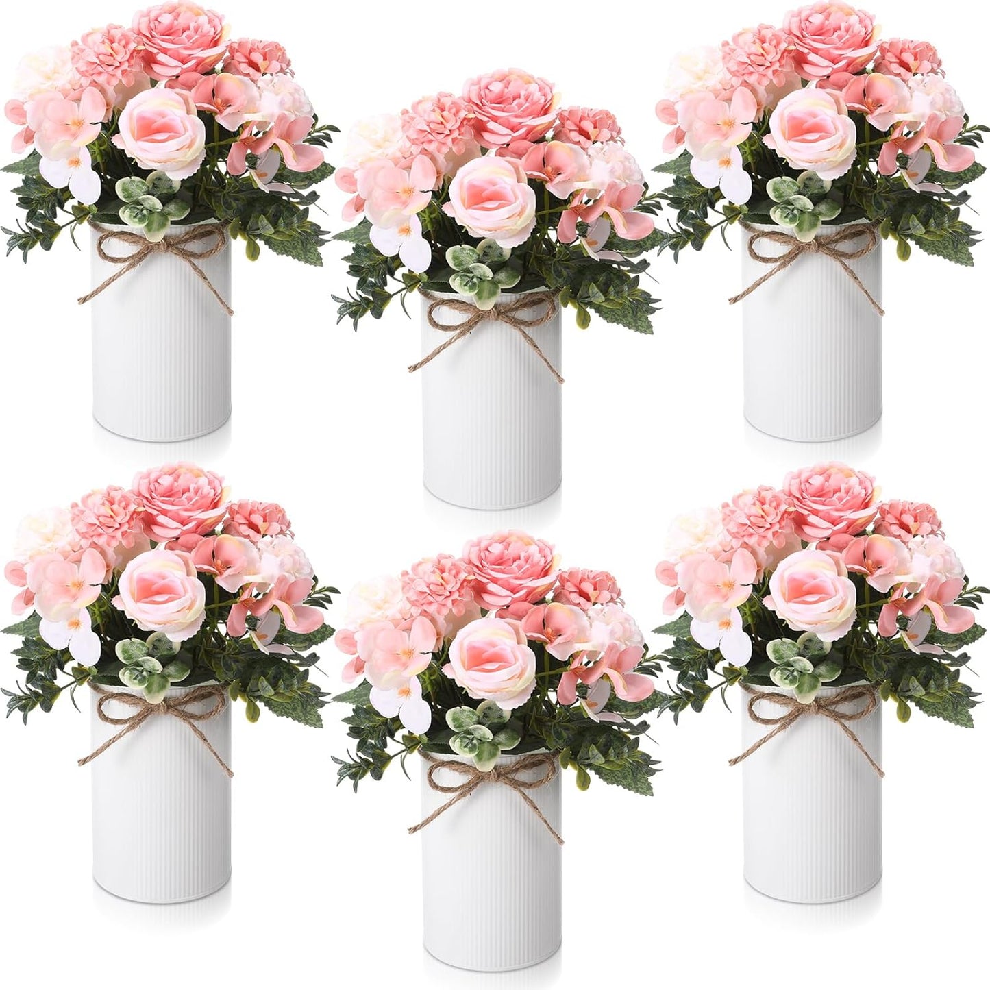 6 Sets Wedding Centerpiece for Table Decoration Yellow Artificial Fake Rose Flower with Metal Vase Faux Silk Rose Bouquet Floral Arrangement for Bridal Shower Home Dining
