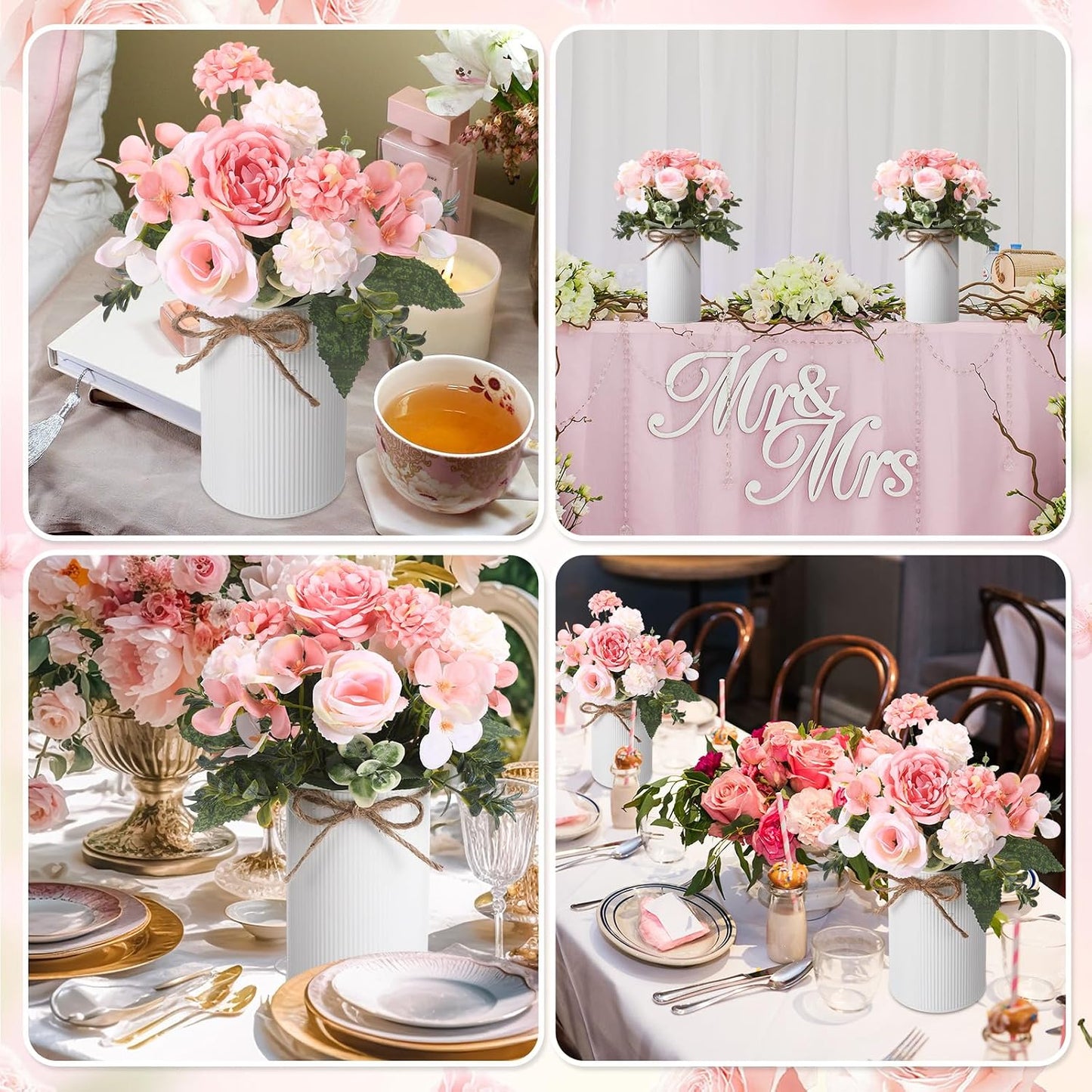 6 Sets Wedding Centerpiece for Table Decoration Yellow Artificial Fake Rose Flower with Metal Vase Faux Silk Rose Bouquet Floral Arrangement for Bridal Shower Home Dining