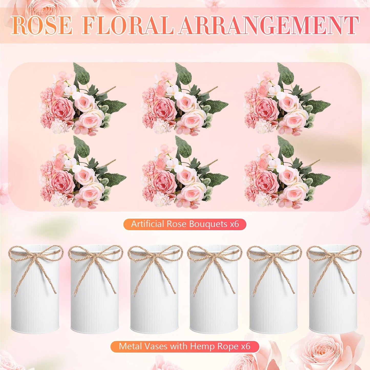 6 Sets Wedding Centerpiece for Table Decoration Yellow Artificial Fake Rose Flower with Metal Vase Faux Silk Rose Bouquet Floral Arrangement for Bridal Shower Home Dining